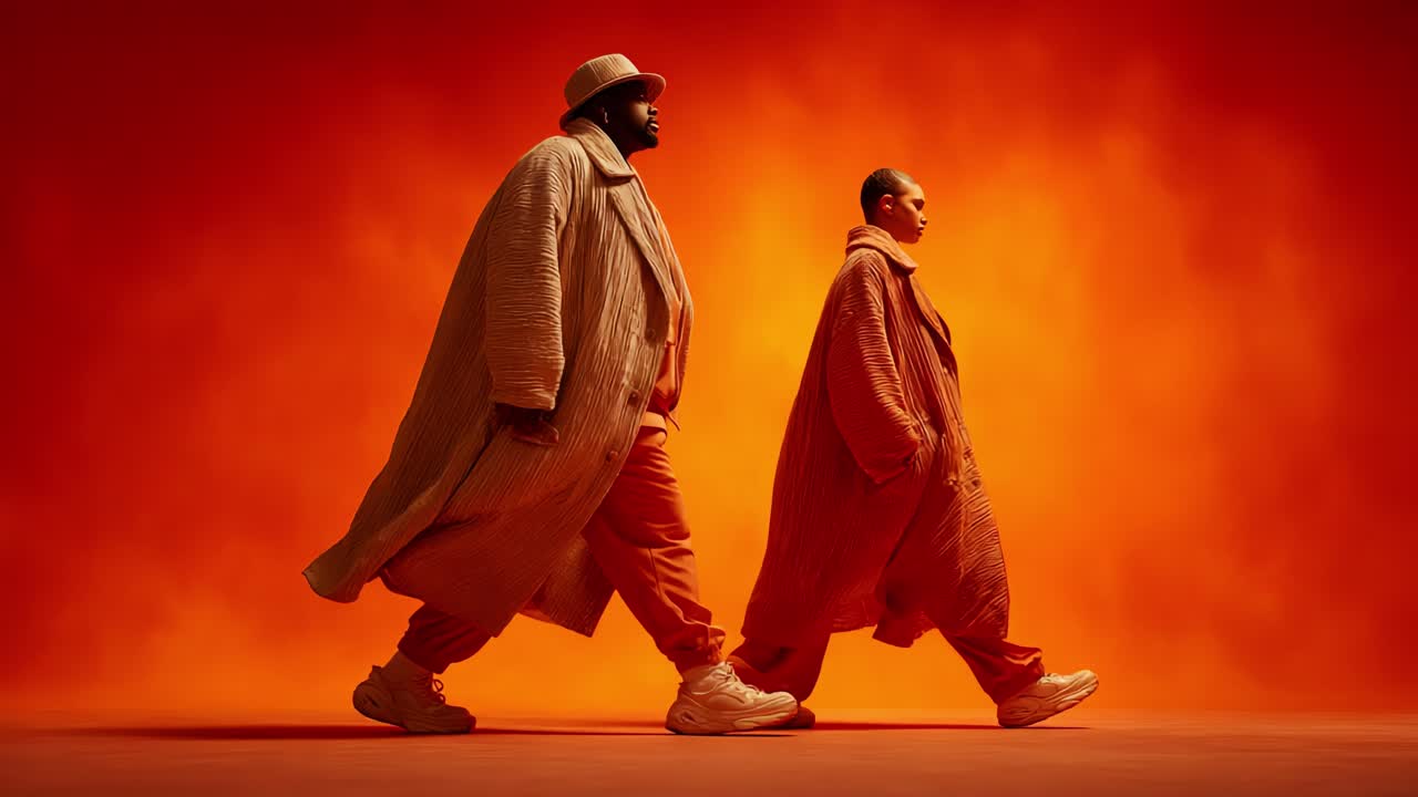 Deux mannequins de mode défilent ensemble dans des tenues assorties sur un arrière-plan orange vif, mettant en valeur le streetwear contemporain et des choix de design audacieux dans la dernière tendance.
