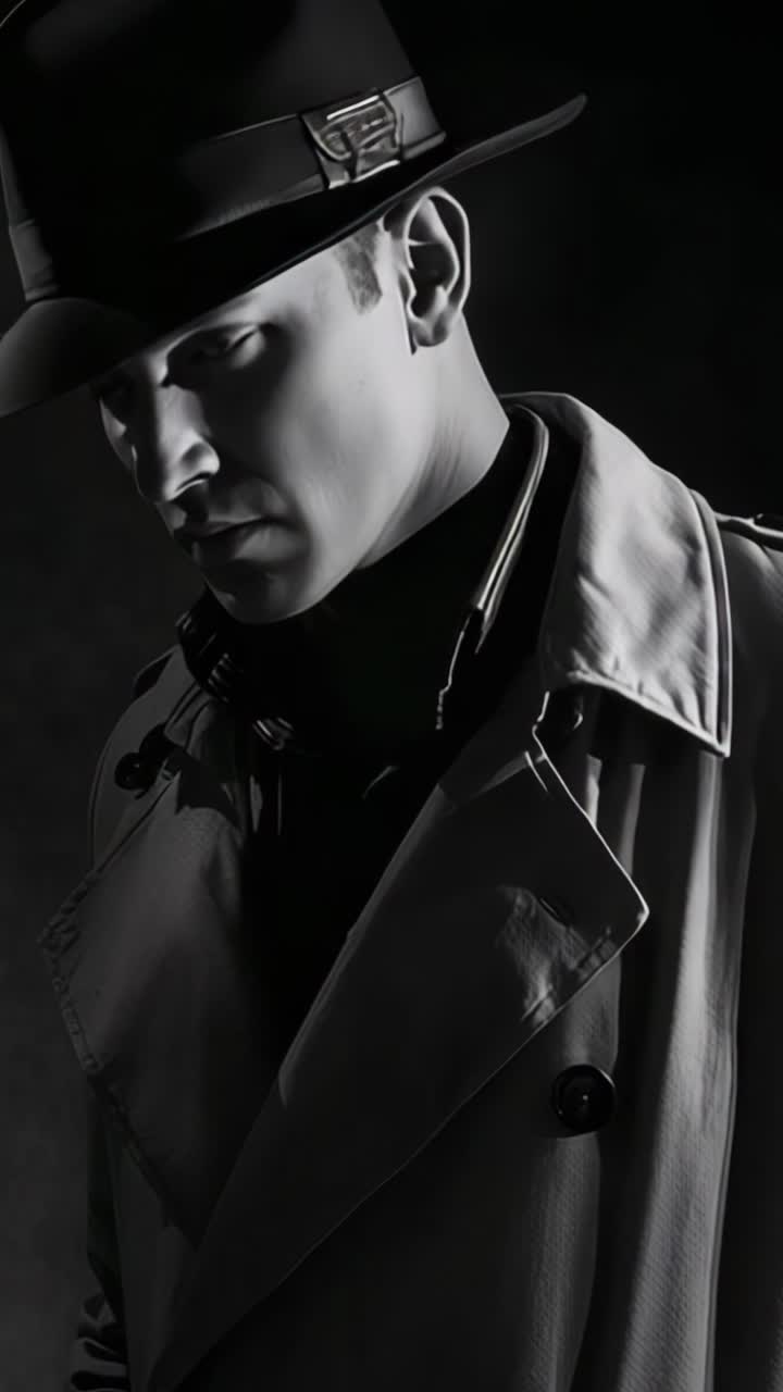 Vertical video: Finding resolve man raising chin and shifting gaze on set, with trench coat, fedora