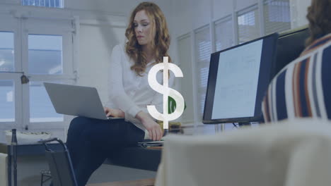 animation of american dollar sign over caucasian businesswoman in office