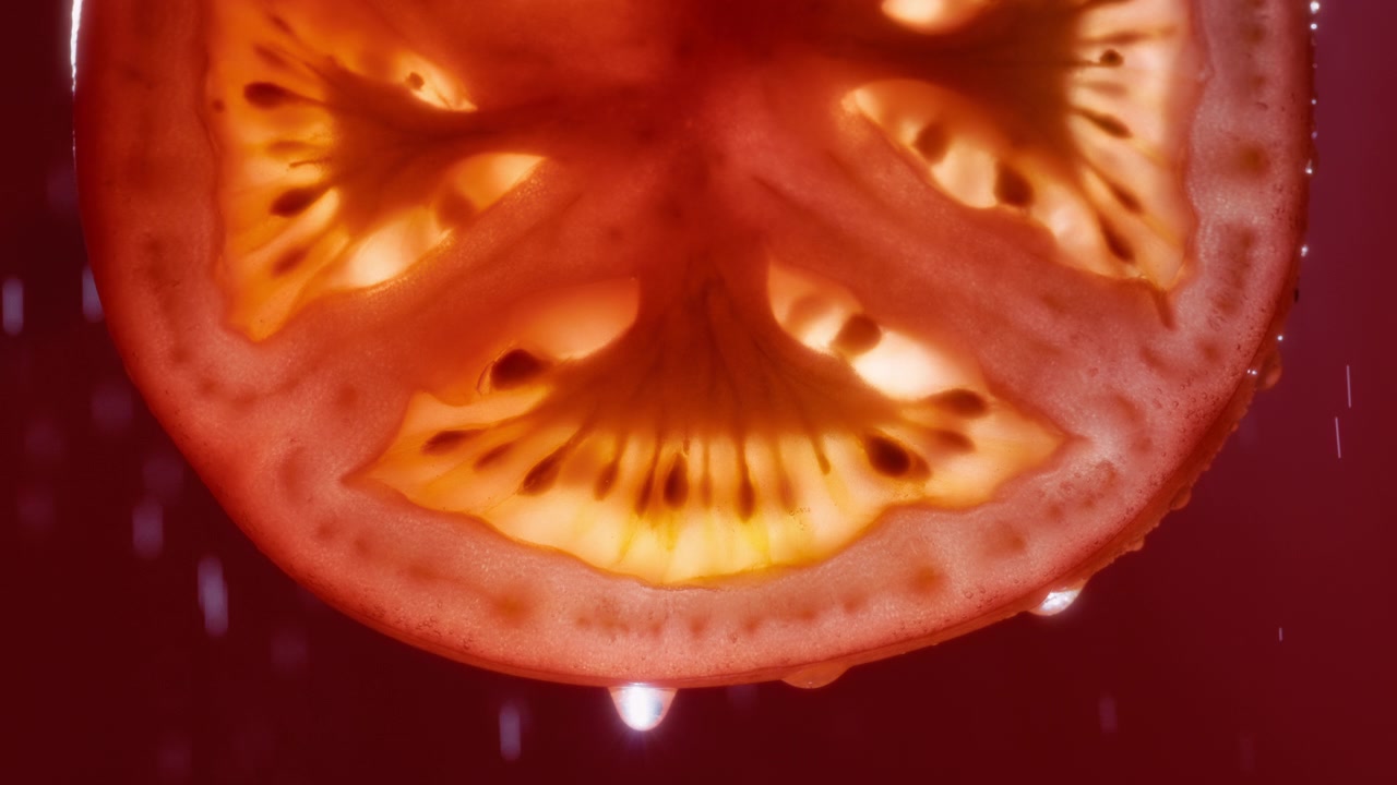 Gocce d'acqua che cadono da una fetta di pomodoro con acqua che spruzza sullo sfondo