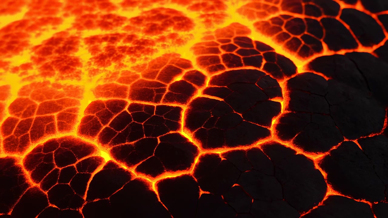 Vista ravvicinata dal basso di una crosta lavica in raffreddamento dove scure placche fratturate si separano lungo fessure luminose, rivelando magma fuso incandescente sottostante con un contrasto drammatico, calore intenso e un vivido bagliore infuocato.