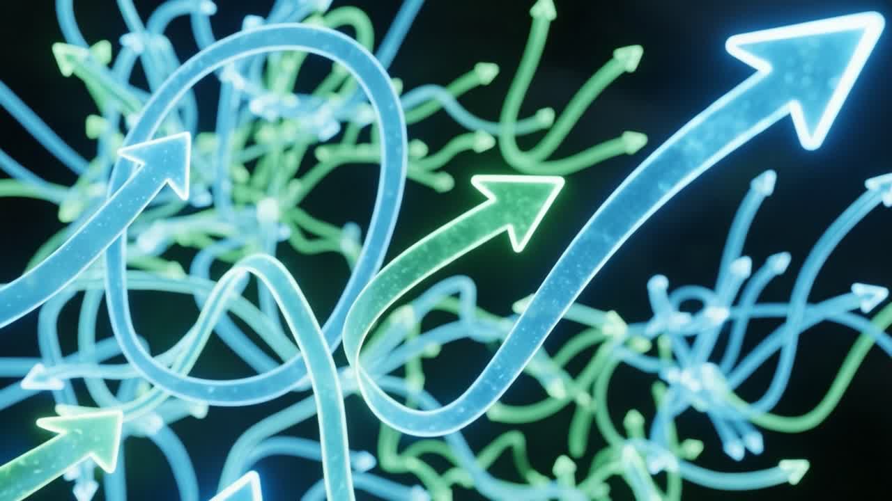 An Abstract Representation of Dynamic Pathways with Colorful Arrows Indicating Movement and Direction in a Futuristic Digital Space