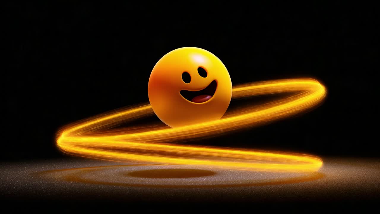 A cheerful yellow smiley face spins in circles, generating a dazzling swirl of glowing light around it, creating a vibrant and joyful atmosphere in a simple yet captivating scene