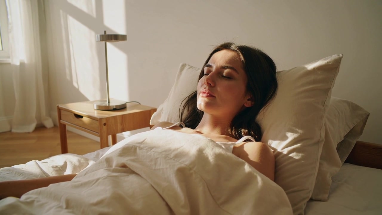 Donna che si sveglia in canottiera, muove il mento e respira a letto mentre la luce del sole entra dalla finestra, illuminando piumone e lampada.