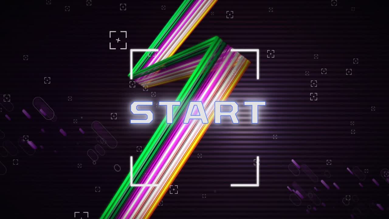 animación del texto de inicio en el visor sobre líneas multicolores contra los visores, patrón abstracto