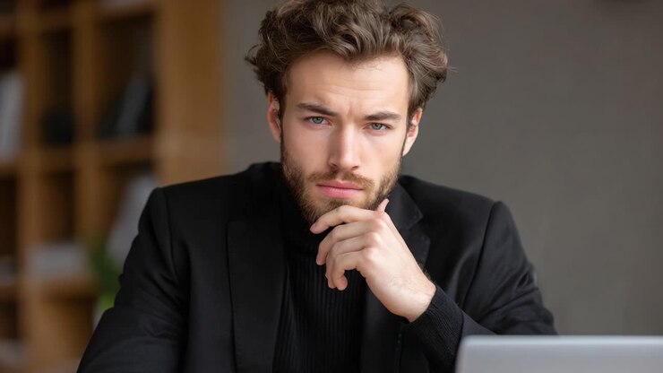 Giovane uomo riflessivo in abbigliamento da lavoro che contempla le sue prossime mosse mentre è seduto a una scrivania con un laptop in un ambiente ufficio contemporaneo