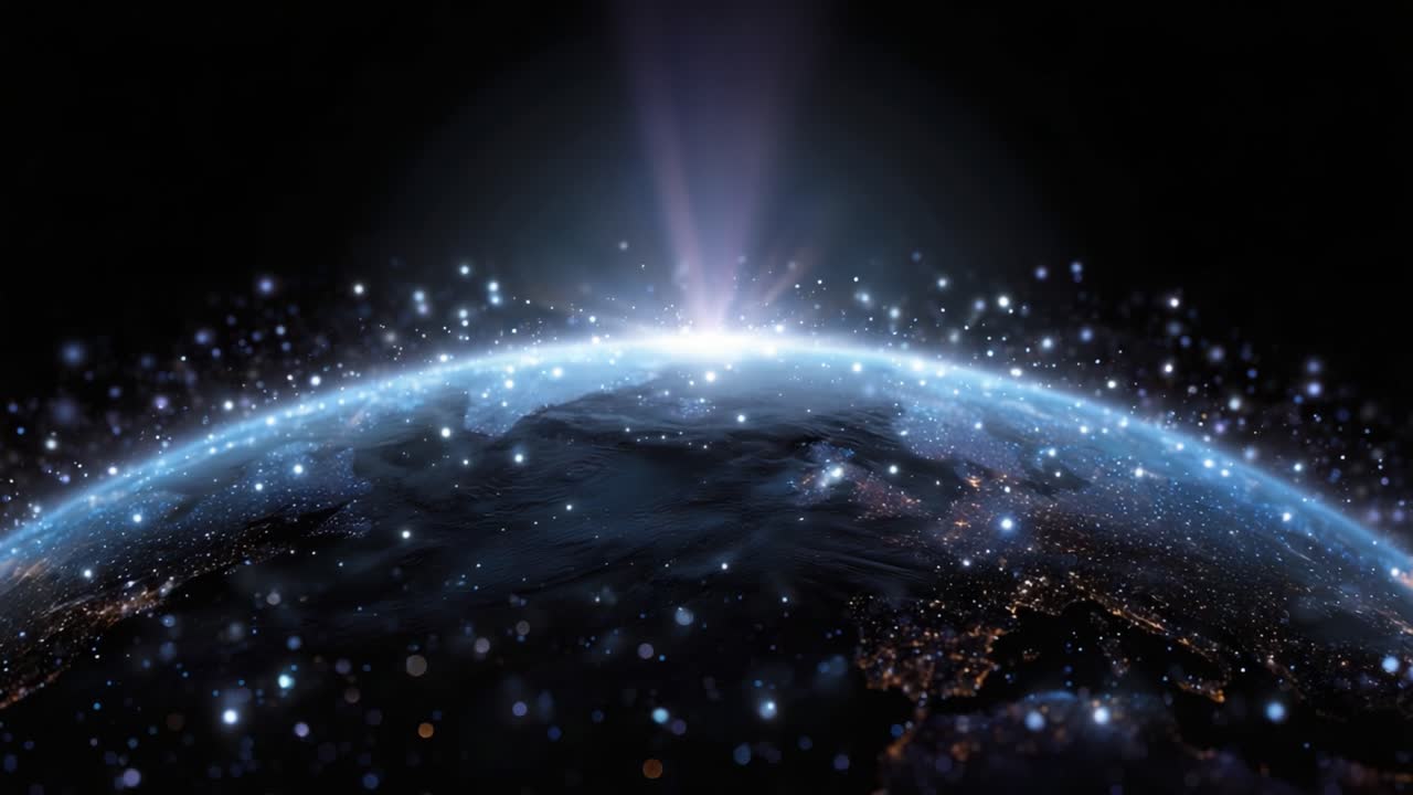 A breathtaking view of Earth from space, showcasing a radiant glow emanating from the horizon, surrounded by a spectacular display of twinkling stars and cosmic beauty