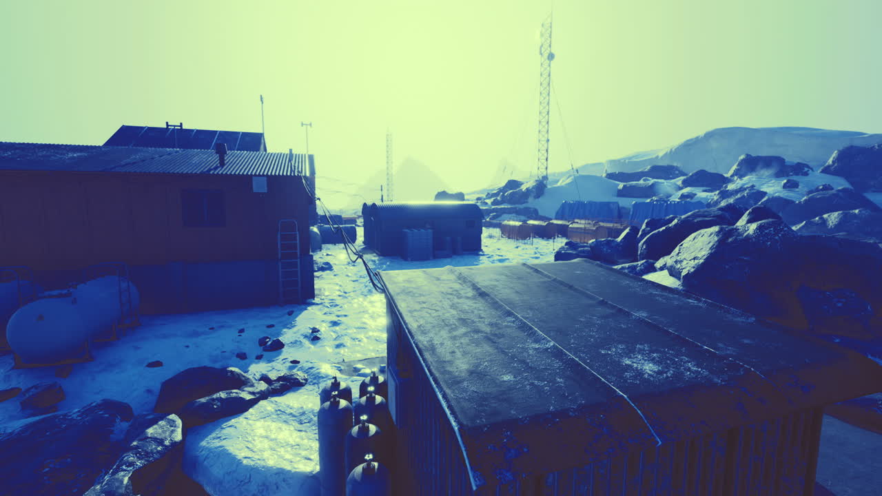 Snow covered rocky terrain holds research facilities under a pale blue sky