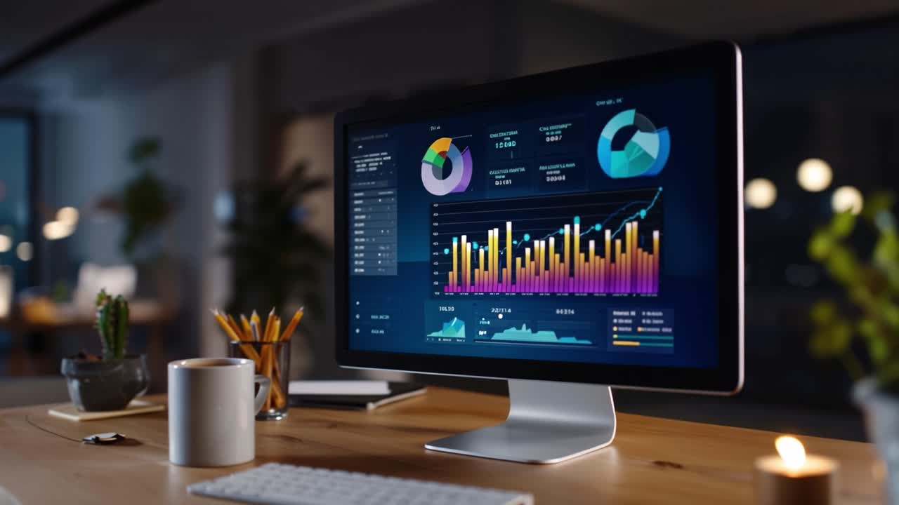 Analyzing Data Trends and Visualizations on a Modern Computer Screen in a Nighttime Office Environment with Charts, Graphs, and Workstation Elements