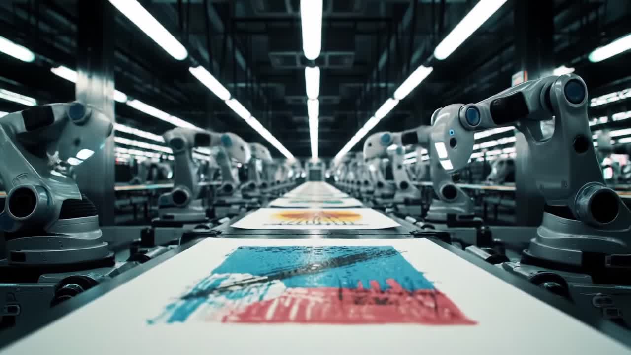 Automated Production Facility Showcasing Robotic Arms Working on a Conveyor Belt with Colorful Artwork Prints in a Modern Industrial Environment