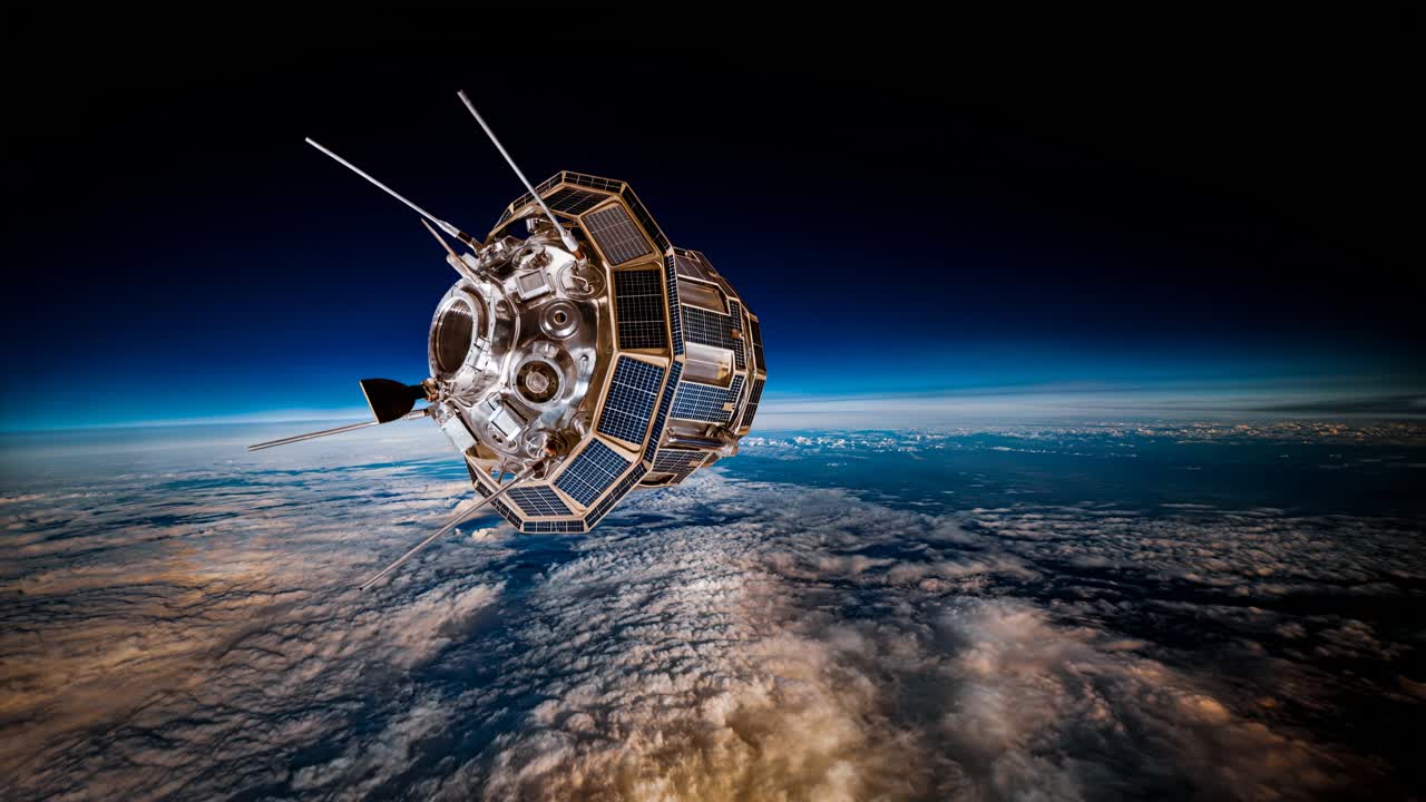 Navicella spaziale moderna che vola sopra la Terra con orizzonte drammatico, nuvole e sfondo di spazio profondo