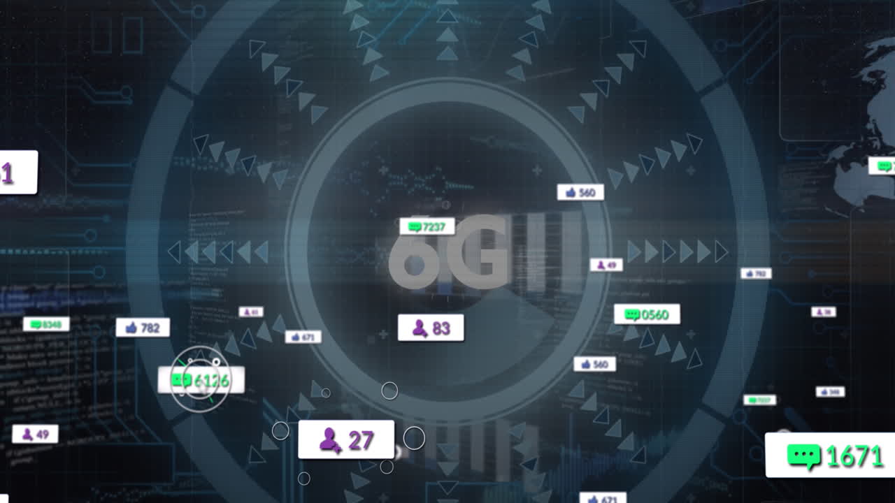 animación de iconos de redes sociales más de 6g texto y escaneo de alcance