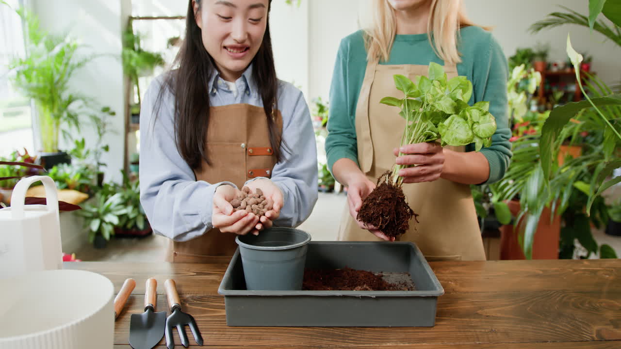 두 명의 여성이 꽃 가게에서 식물을 재배하고 있습니다.