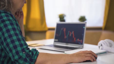el inversor mira el gráfico del mercado de valores. ella aplaude cuando gana.