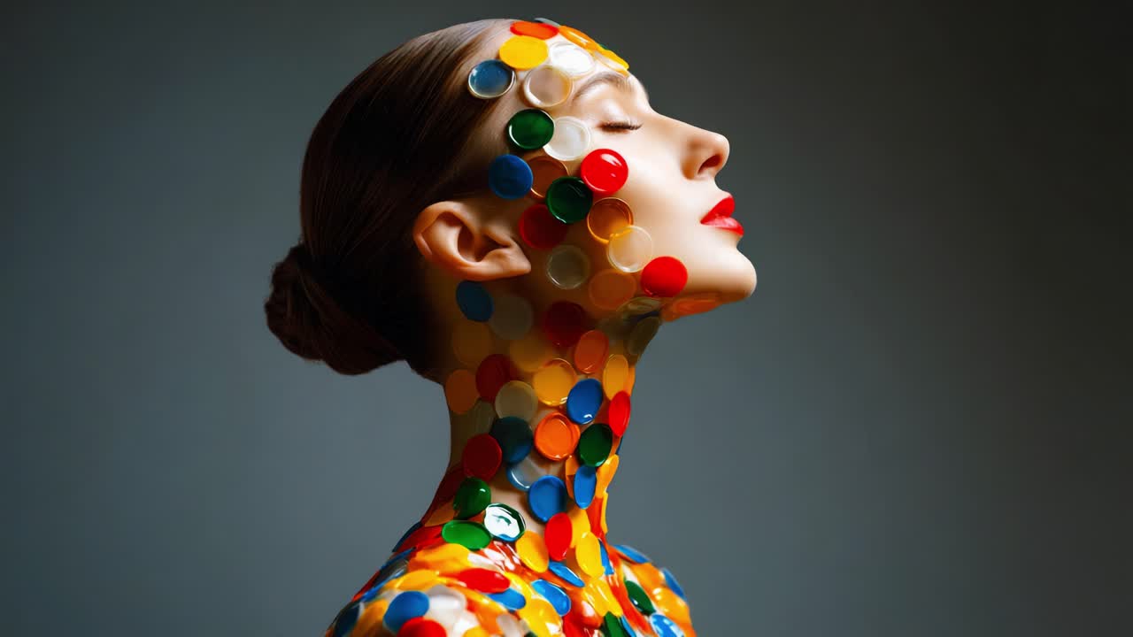 A Fascinating Display of Artistic Expression Featuring a Model Adorned with Colorful Plastic Caps Capturing the Beauty and Diversity of Creative Body Art and Design