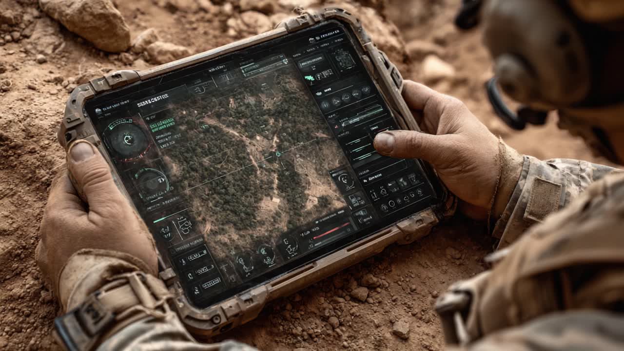 A soldier utilizing advanced technology on a tactical device, analyzing terrain and coordinates in a rugged environment, illustrating modern warfare's reliance on digital tools