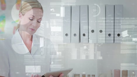 woman reviewing data overlays and graphs on tablet in medical lab, with animated charts floating