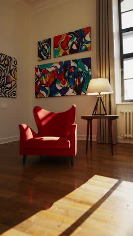 cozy living room with red armchair and abstract art