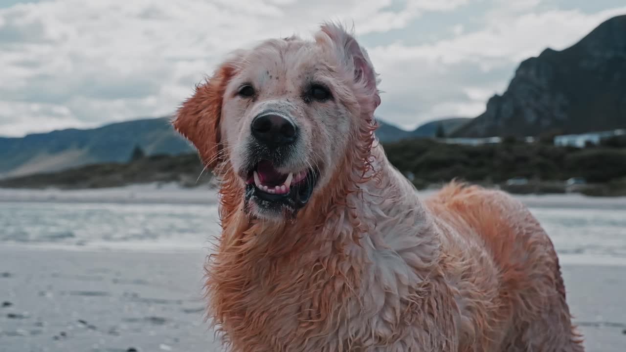 바람이 불는 날 해변에서 은 골든 리트리버 개