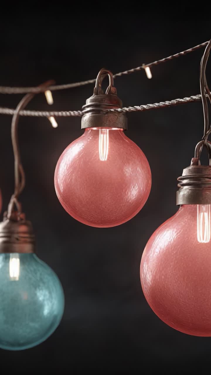 Colorful Decorative Light Bulbs Hanging on a String Against a Dark Background, Showcasing a Blend of Red and Blue Glass with Warm Glow