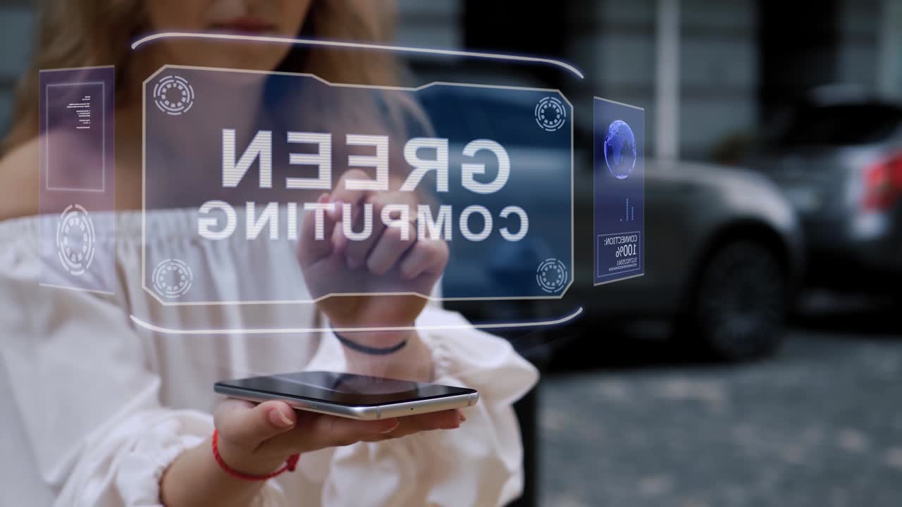 la rubia interactúa con el holograma de hud la computación verde