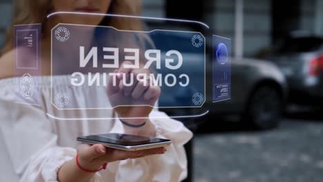 la rubia interactúa con el holograma de hud la computación verde