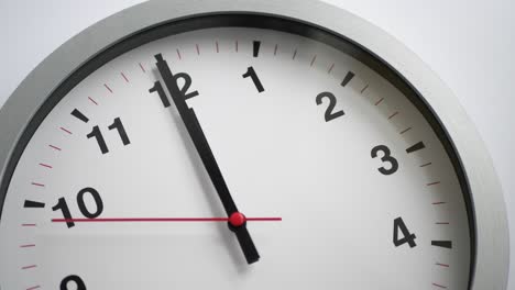 close up of a white ticking clock on white background, pointing midnight