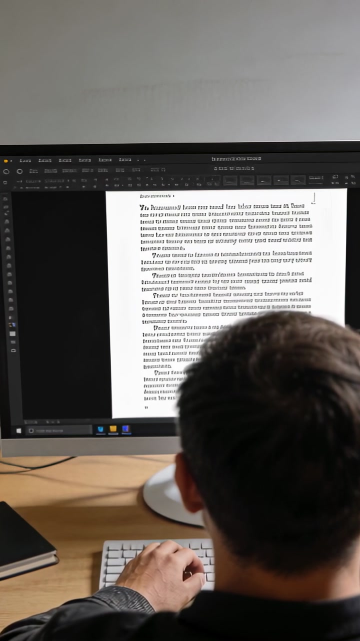 Vertical video: Man at desk placing hands on keyboard and scrolling document for business editing