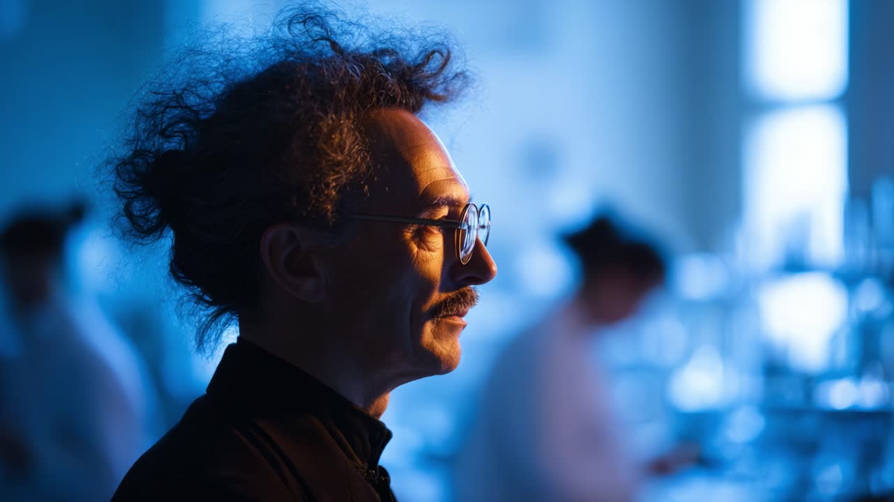 Thoughtful scientist deep in contemplation, framed against a tranquil blue laboratory backdrop, embodying the spirit of inquiry and exploration in innovation