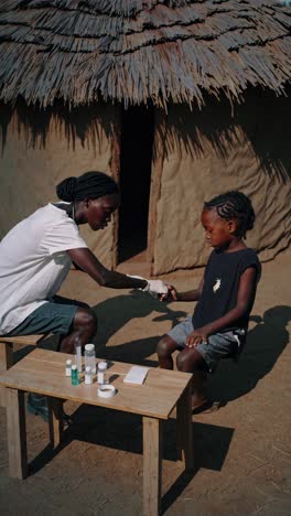 healthcare professional carefully administering vaccine to young african boy, supporting community health and disease prevention efforts in rural village setting