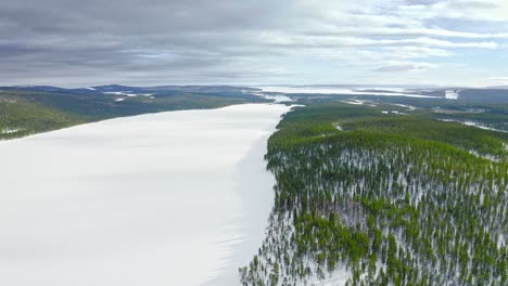 flying over frozen wide river among spacious evergreen woodland area