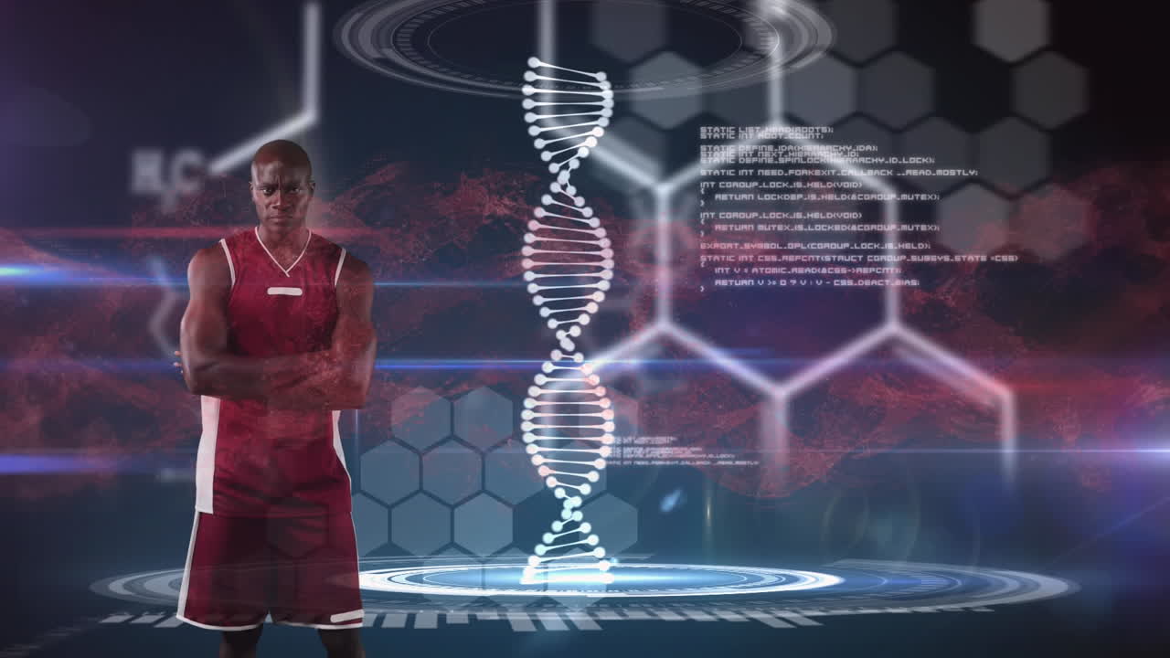Animation of dna strand spinning and data processing over basketball player