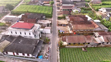 scenic drone shot of rural landscape surrounded green farmland with dramatic mountain dominating the horizon. village on the slope of merapi volcanic mountain, indonesia