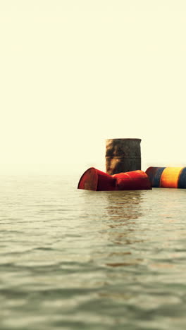 rusty oil drums floating in calm water