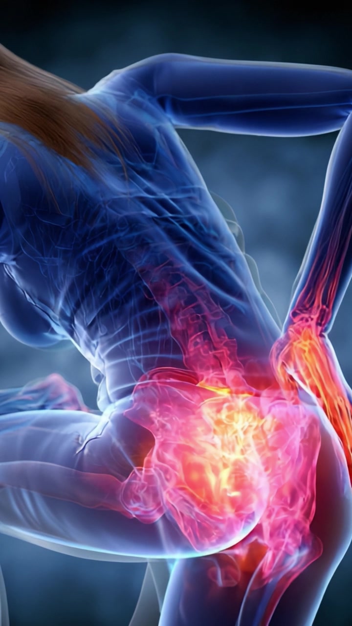 Anatomical Illustration of Sciatic Pain: Detailed Visualization of Pain Points in the Lower Back and Hip Area, Demonstrating the Expression of Discomfort and Its Impact on Movement.