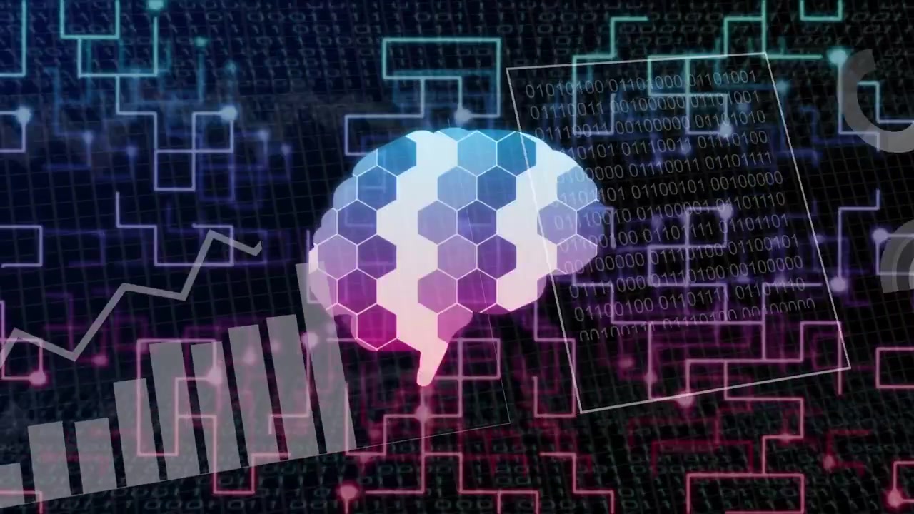 Stylized brain receiving data feed, glowing and pulsing as HUDs sliding, showing analytics