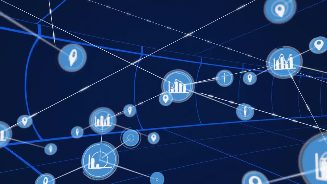 Animation of network of digital icons over tunnel in seamless pattern against blue background