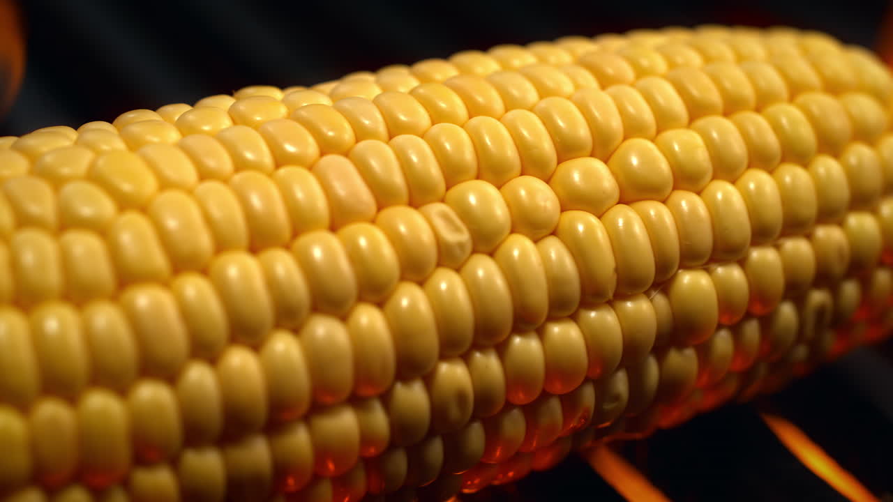 Corn Cob Barbecued On A Grill, Roasted By The Flames Beneath The Grill Grate, Macro and Slow Motion