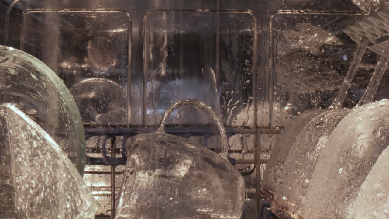 깨한 접시와 함께 열려있는 접시 세탁기. 집안 관리 개념.