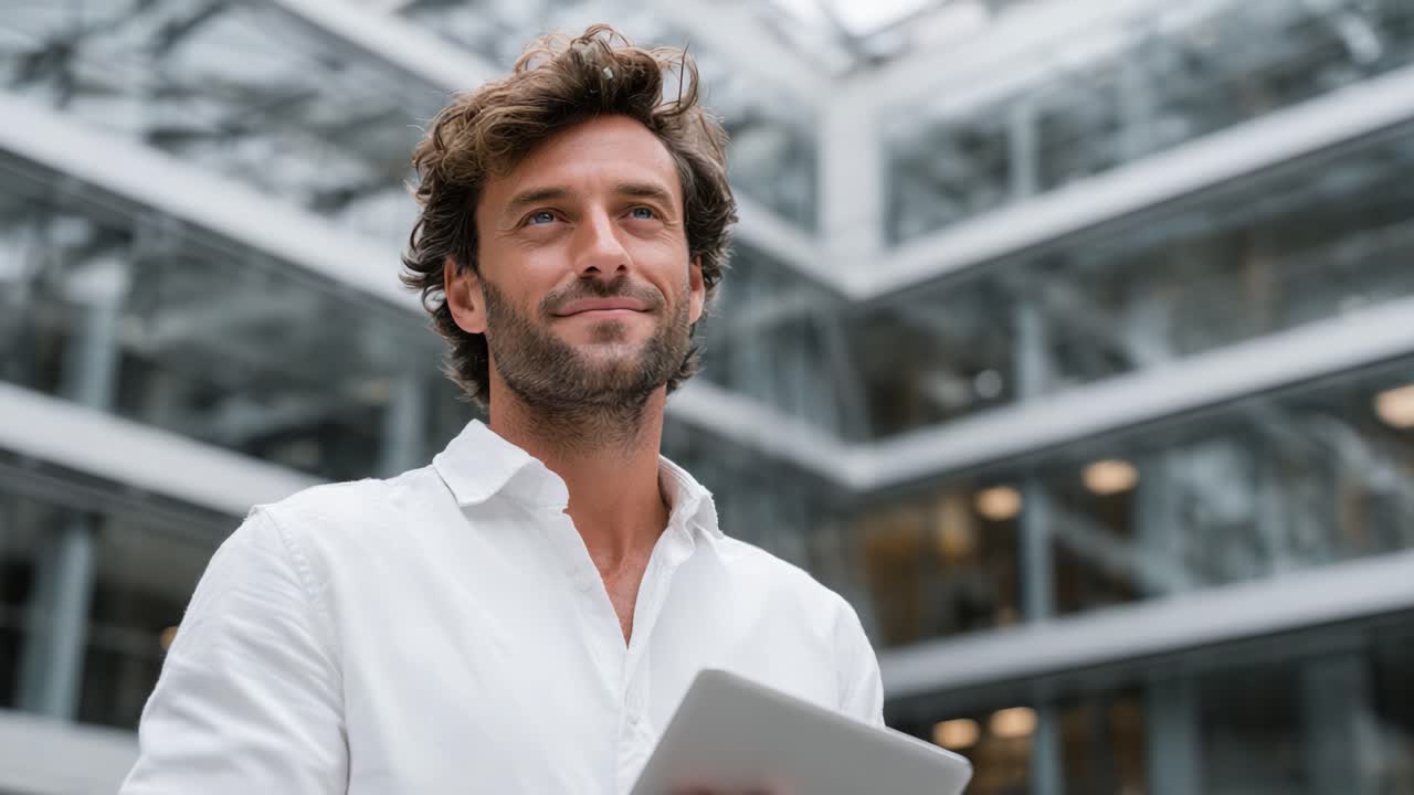 Un profesional seguro de sí mismo sosteniendo una tablet en un entorno de oficina moderno, transmitiendo positivismo y preparado para la próxima gran oportunidad en su carrera.