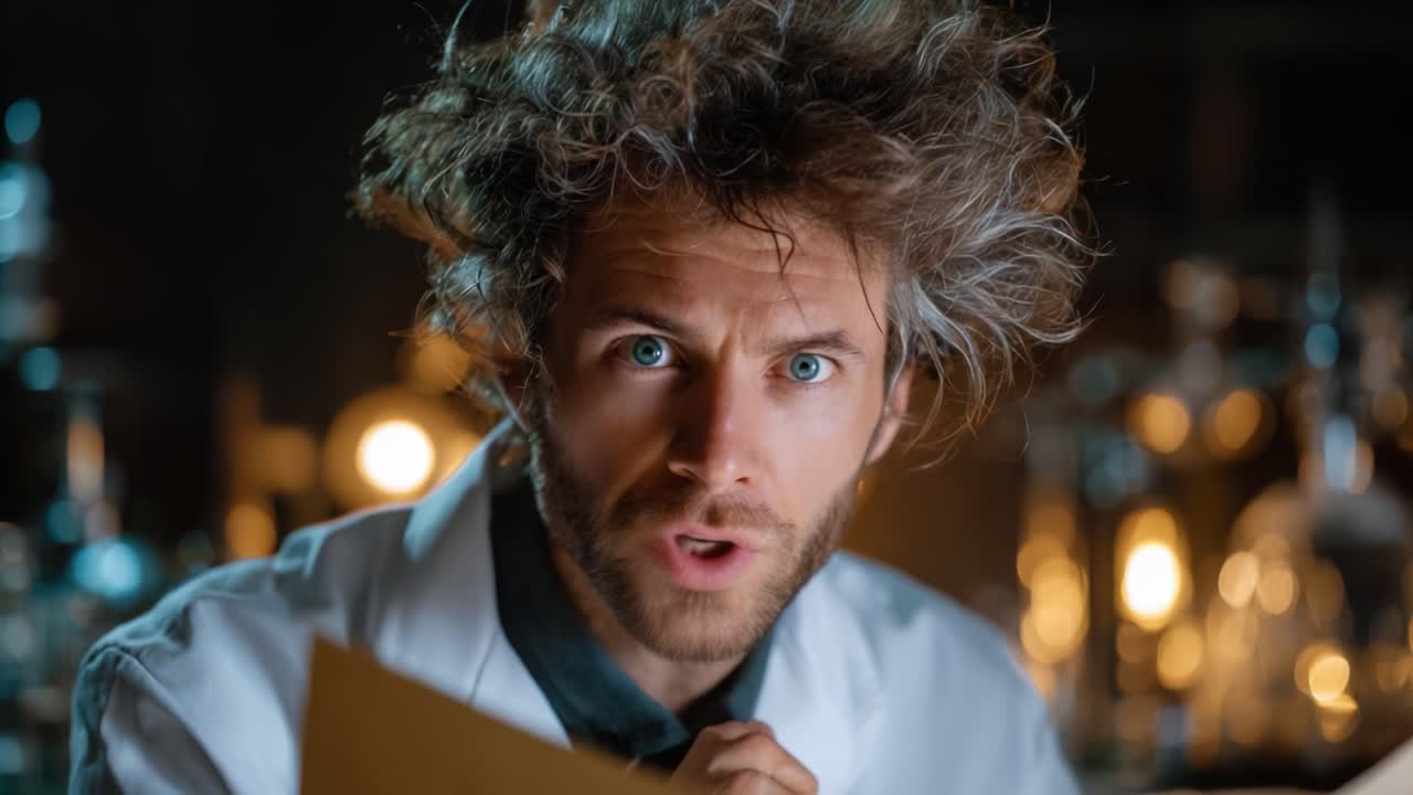 Intrigued Scientist Examines Mysterious Document in Laboratory Setting with Eccentric Hair and Focused Expression Amidst Glowing Glassware and Shadows