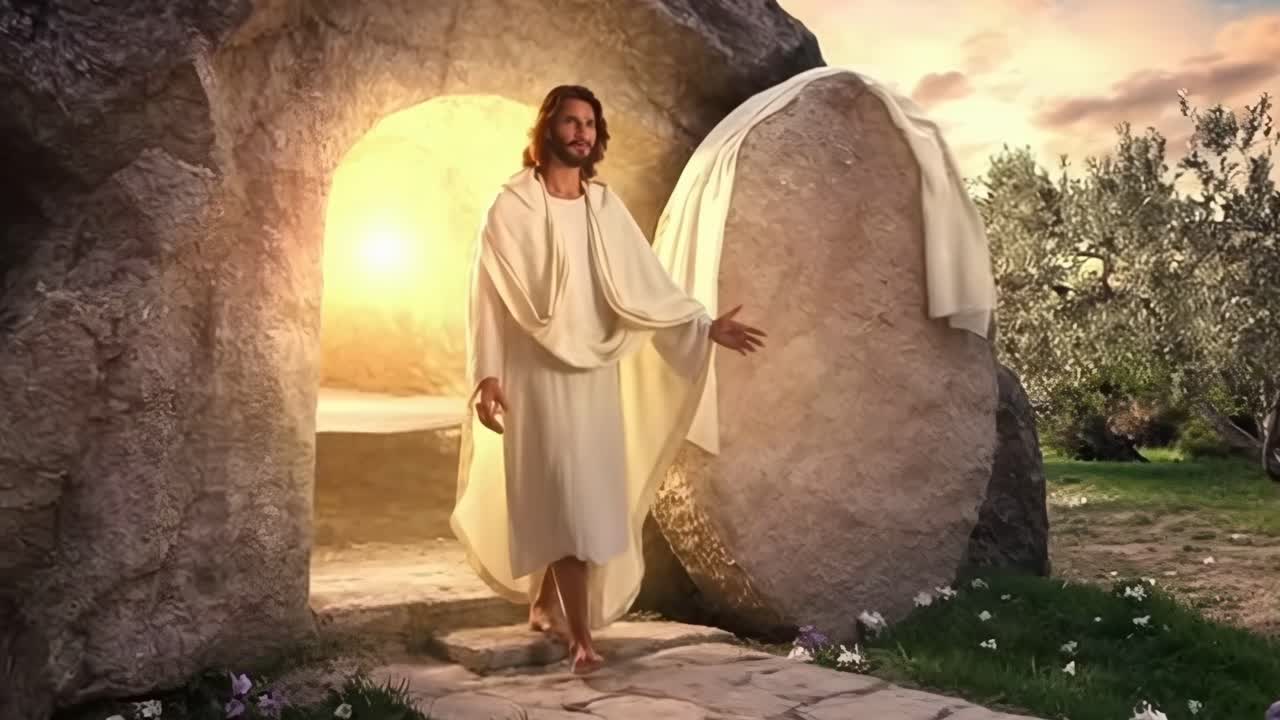 Un fotogramma video sereno di una figura biblica che esce da una tomba all'alba, ripreso da una angolazione bassa