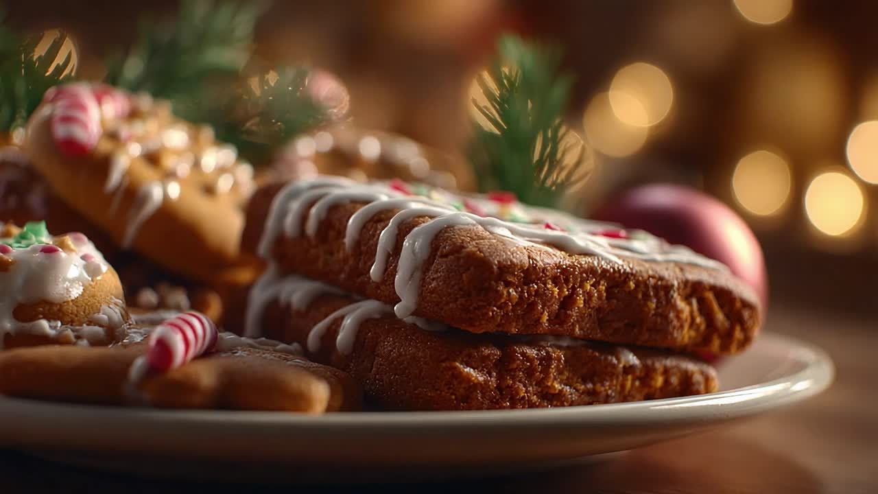 Köstliche Auswahl an verzierten Weihnachtsplätzchen: Ein festlicher Teller mit Lebkuchen mit Zuckerguss, Zuckerstangen und fröhlicher Dekoration