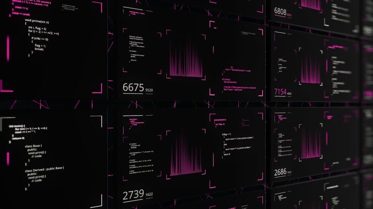 Wall of Screens Displaying Code and Data Visualizations