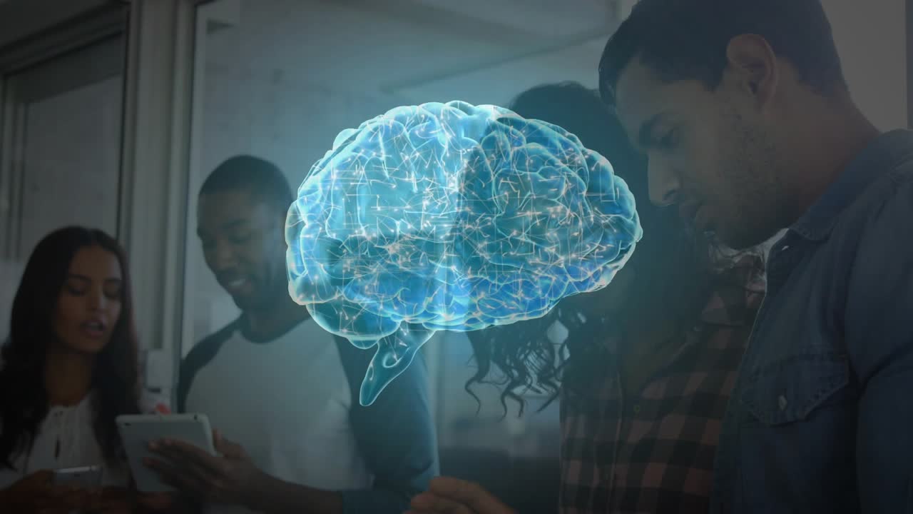 Colleagues swiping devices and tapping tablet activating blue brain hologram rotating for AR study