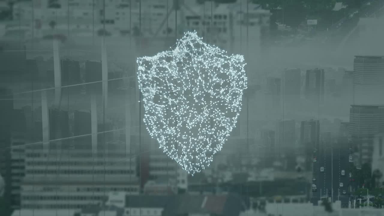 도시 풍경 위의 디지털 방패의 애니메이션