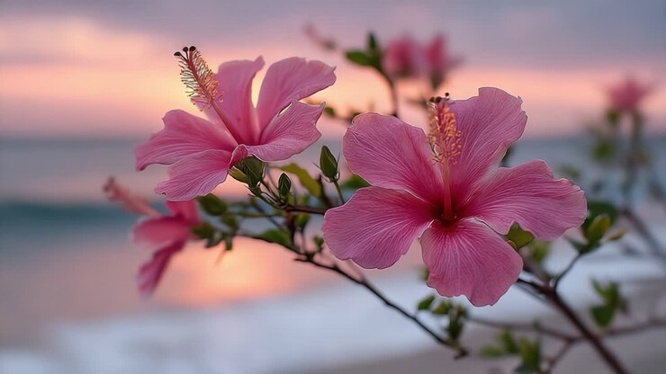 A breathtaking scene of radiant pink hibiscus flowers blooming by the tranquil beach, bathed in the warm glow of sunset, capturing nature's serene beauty
