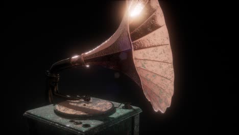 vintage gramophone in dark with frairs. retro technology.