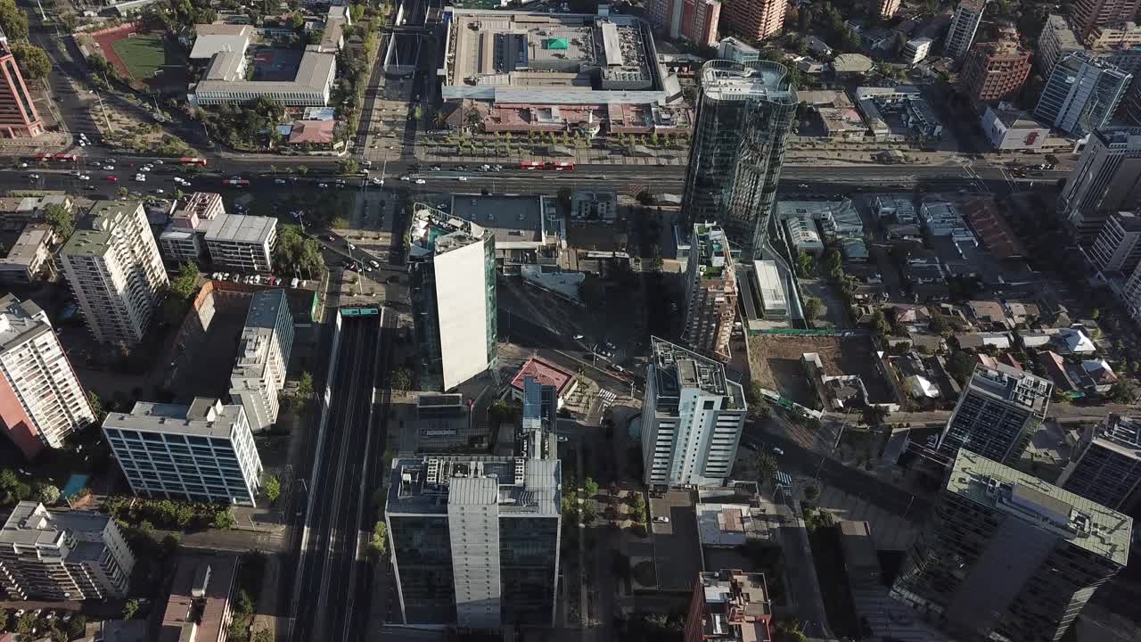 Santiago de Chile, Establishing Aerial View of Modern Buildings and Street Car Traffic on Sunny Afternoon
