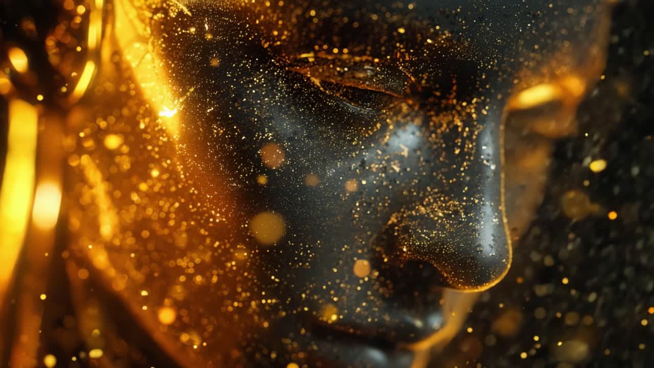 Mysterious dark face with a metallic texture covered in flowing golden particles and shimmering glitter. This cinematic and artistic concept symbolizes luxury, magic, beauty, and opulence